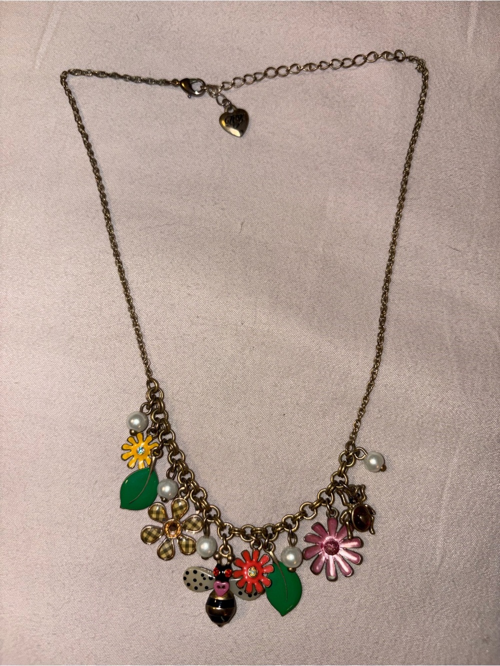 Betsey Johnson Multicolor Flower & Leaf Charm Necklace with Pearls